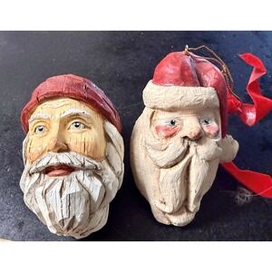 Vintage Folk Art Santa Head Ornaments Lot of 2 House of Hatten 1988 Hand Carved